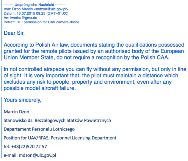 Antwort der polnischen Luftfahrtbehörde.